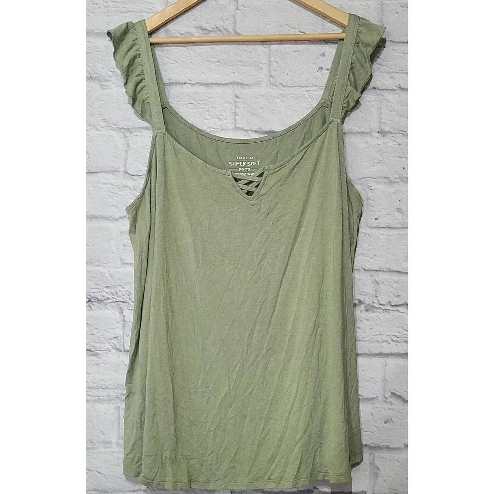 Torrid Lattice Ruffle Sleeve Tank Top Women's Size 3X Jade Green Super Soft